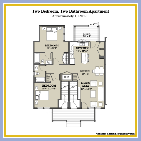 Floor plan for 2 beds, 2 baths, 1128 sqft